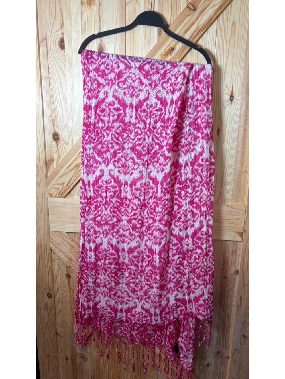 Cejon Pink and White Linen Viscose Scarf with Fringe